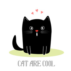 Black cute kitty sitting on the grass, T-shirt design for kids vector illustration. Design for children.