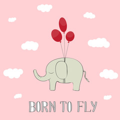 Flying Elephant on a balloon. Design for children.