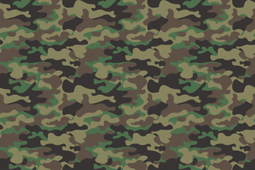 Fototapeta premium Camouflage seamless pattern background. Horizontal seamless banner. Classic clothing style masking camo repeat print. Green brown black olive colors forest texture. Design element. Vector illustration