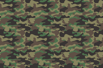 Fototapeta premium Camouflage seamless pattern background. Horizontal seamless banner. Classic clothing style masking camo repeat print. Green brown black olive colors forest texture. Design element. Vector illustration
