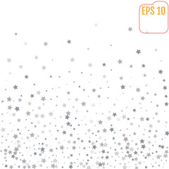 Abstract pattern of random falling silver stars on white background. Vector glitter pattern for banner, greeting card, Christmas and New Year card, invitation, postcard, paper packaging.