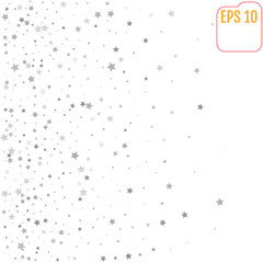 Abstract pattern of random falling silver stars on white background. Vector glitter pattern for banner, greeting card, Christmas and New Year card, invitation, postcard, paper packaging.