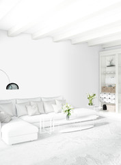 Loft bedroom in modern style interior design with eclectic wall and stylish sofa. 3D Rendering.