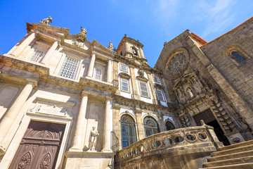 Prospective view of baroque main portal and gothic rose window of main facade of Church of Third...