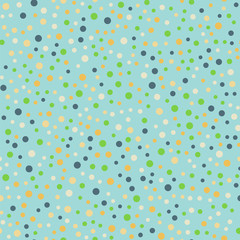 Colorful polka dots seamless pattern on bright 13 background. Memorable classic colorful polka dots textile pattern. Seamless scattered confetti fall chaotic decor. Abstract vector illustration.