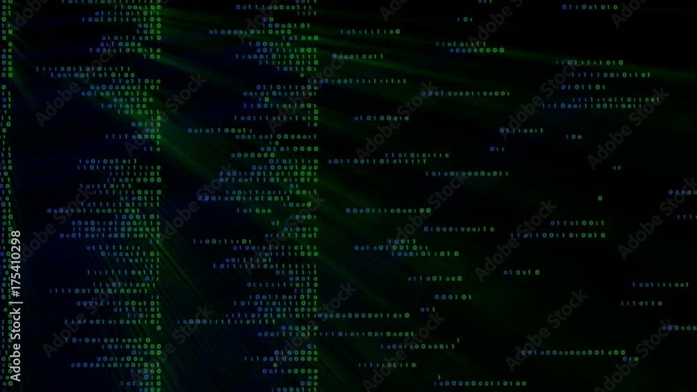 Poster blue and green lines of binary code with backlight on both sides. cinematic background.