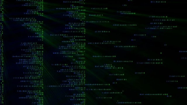 blue and green lines of binary code with backlight on both sides. cinematic background.