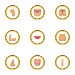 Parts of human body icons set, cartoon style