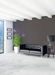 Loft bedroom in modern style interior design with eclectic wall and stylish sofa. 3D Rendering.