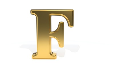 F gold colored alphabet, 3d rendering