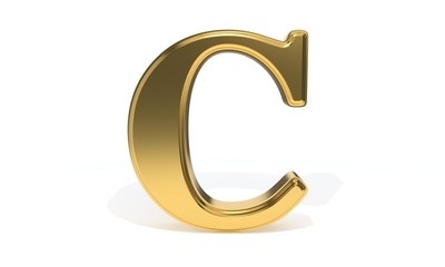 C gold colored alphabet, 3d rendering