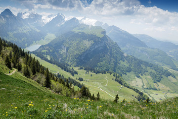 Naklejka premium Panorama view of Alpstein mountain with lake of Ebenalp. Appenzell, Switzerland
