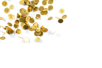 Top view of Falling gold coins money isolated on the white background, business concept.