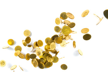 Top view of Falling gold coins money isolated on the white background, business concept.