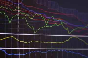 Stock market graph and bar chart price display. Background with currency bars and candles