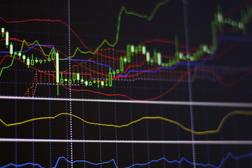 Stock market graph and bar chart price display. Background with currency bars and candles