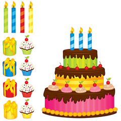 Vector Birthday Cake, Candles, Cupcakes and Gift Boxes