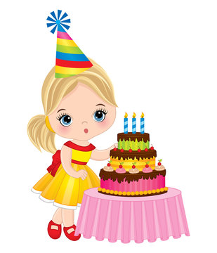 Vector Cute Little Girl Blowing out Candles on Birthday Cake