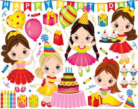 Vector Birthday Set. Set Includes Cute Little Girls with Cake, Balloons, Cupcakes and Gift boxes