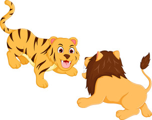strong tiger and lion cartoon fighting 