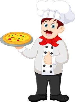 handsome pizza chef cartoon standing bring pizza
