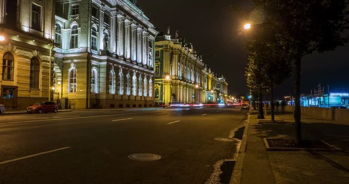 City street at night. Saint-Petersburg. timelapse