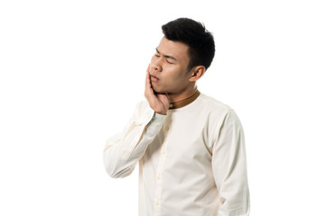 Handsome asian reception man having a toothache portrait studio on white background