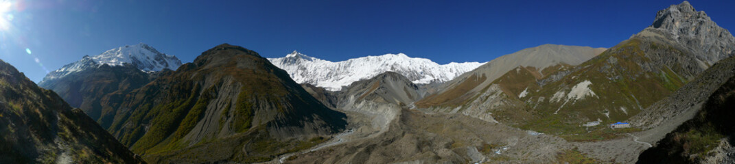 Beautiful panorama of snow capped Himalayas from Tilicho base Camp, Annapurna Circuit in Nepal