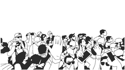 Illustration of party crowd having fun at live performance in black and white