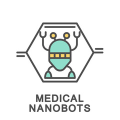 Icon medical nanobots. Nanobots affect the chemical process in the human body. The thin contour lines with color fills.