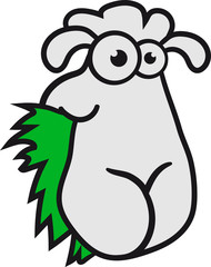 gesicht kopf gras fressen hunger grinsen stehend glücklich lustig klein süß niedlich comic cartoon schaf ziege wolle bauer bock cool