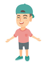 Caucasian cheerful boy in a cap laughing. Happy little boy laughing with outstretched arms. Vector sketch cartoon illustration isolated on white background.