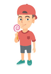Little caucasian boy holding a lollipop candy. Full length of young boy eating a lollipop candy. Vector sketch cartoon illustration isolated on white background.