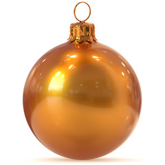 Christmas ball decoration golden orange New Year's Eve hanging bauble adornment traditional Happy Merry Xmas wintertime ornament shiny polished. 3d rendering illustration