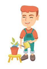 Caucasian boy watering plant with a watering can. Little laughing boy watering a flower growing in a pot. Vector sketch cartoon illustration isolated on white background.