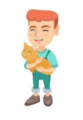 Caucasian happy boy holding a cat. Full length of cheerful little boy with a cat in his hands. Vector sketch cartoon illustration isolated on white background.