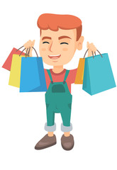 Caucasian boy holding many shopping bags. Happy boy standing with raised hands and showing a lot of shopping bags with purchases. Vector sketch cartoon illustration isolated on white background.