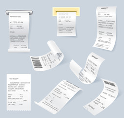 Paper print check vector elements. Shop reciept, retail ticket isolated object, realistic financial atm bill, cash dispenser financial invoice. Receipt records sale of goods or provision of service