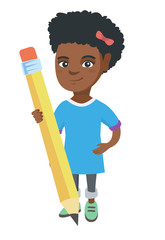 Young african-american kid girl standing with a huge pencil. Full length of a little girl holding a big pencil. Vector sketch cartoon illustration isolated on white background.