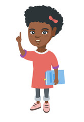 African-american schoolgirl holding textbook and pointing her forefinger up. Smiling schoolgirl pointing forefinger up. Vector sketch cartoon illustration isolated on white background.