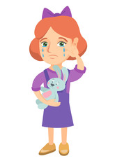 Caucasian girl crying and wiping the tears away. Little girl crying and holding toy rabbit in hand. Vector sketch cartoon illustration isolated on white background.