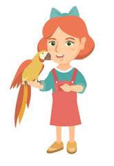Caucasian smiling girl playing with her pet parrot. Full length of little girl holding parrot on her hand. Vector sketch cartoon illustration isolated on white background.