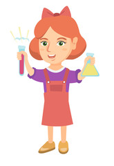 Little caucasian girl holding test tube and beaker with chemical reagents. Full length of happy girl with flask and test tube in hands. Vector sketch cartoon illustration isolated on white background.