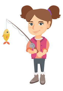 Caucasian little girl fishing. Full length of smiling girl holding fishing rod with fish on a hook. Vector sketch cartoon illustration isolated on white background.