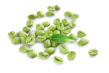 Green coffee beans on white background