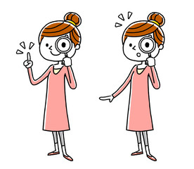 若い女性：虫眼鏡、調べる