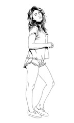 Fototapeta na wymiar slender sporty girl drawn in ink by hand on a white background