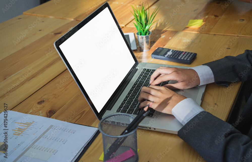 Poster male person sitting front open laptop computer with blank empty screen for your information or conte