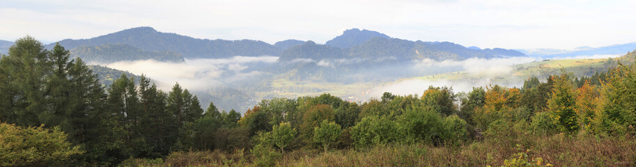 Obraz premium Panoramic view from slopes of Beresnik mountain towards Szczawnica in Pieniny, Poland