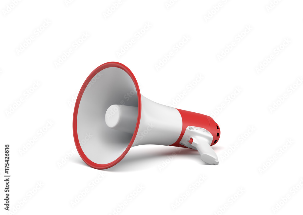 Poster 3d rendering of a single red and white megaphone lying in side view on white surface.